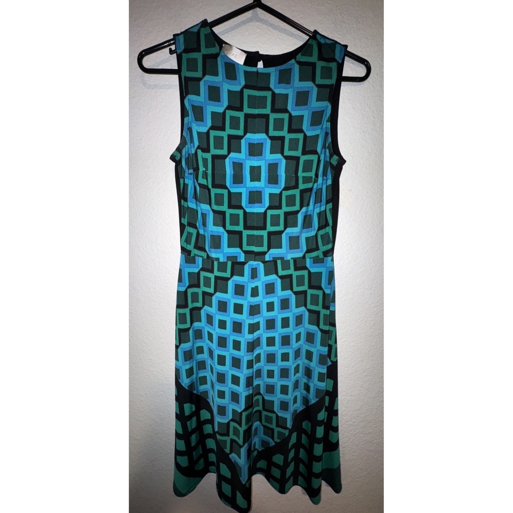 Donna‎ Morgan Dress Size 2 Sleeveless Sheath Geometric Black Blue Green Cocktail